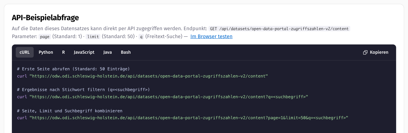 Bereich API-Beispielabfrage mit Endpunkt, Parametern und cURL-Beispiel